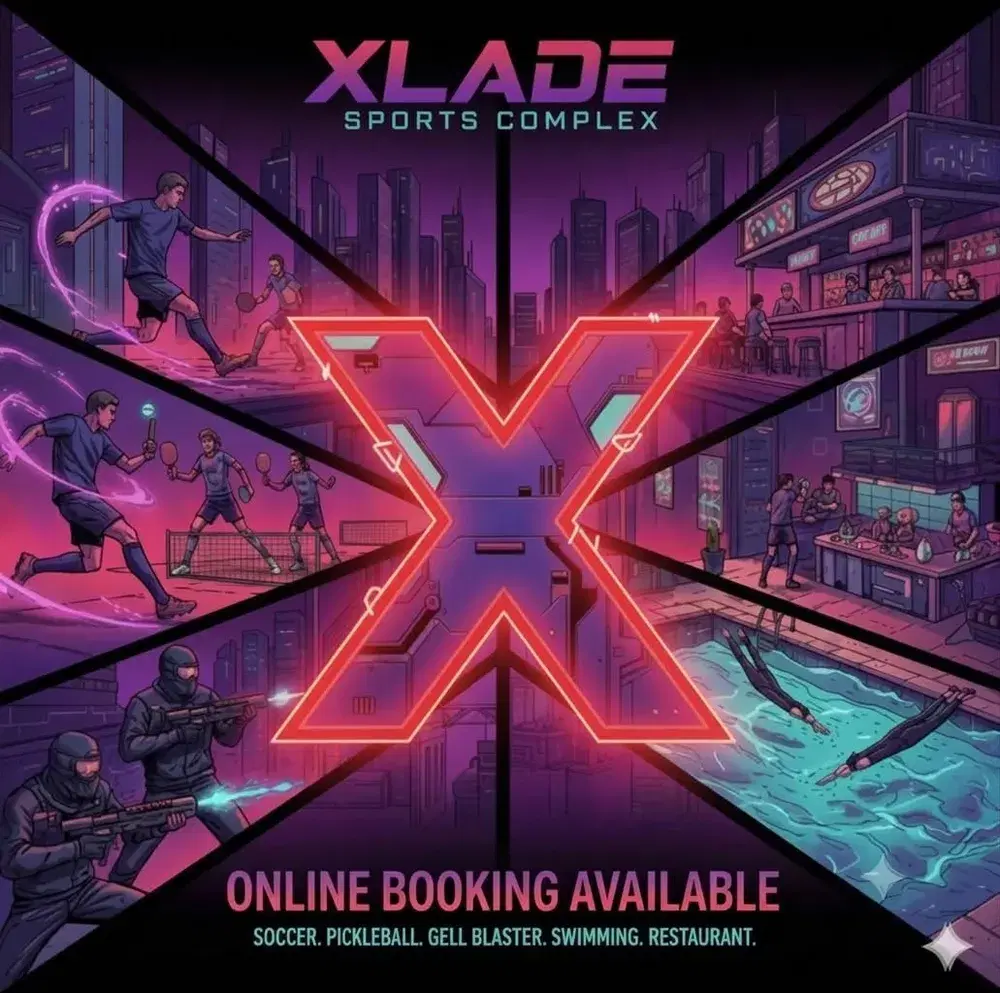 Xlade Sports Complex poster showing football, pickleball and the swimming pool